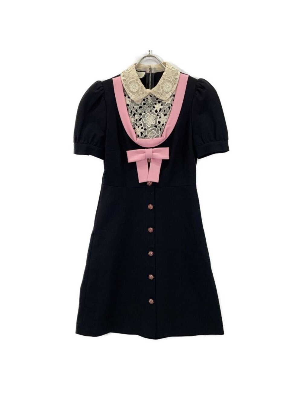 Gucci Black Pink Embroidered Lace Color Ribbon Dress